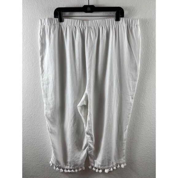 Cynthia Rowley White Linen Blend Tassel Hem Cropped Pull-On Pants Sz 2X Coastal - Picture 5 of 7